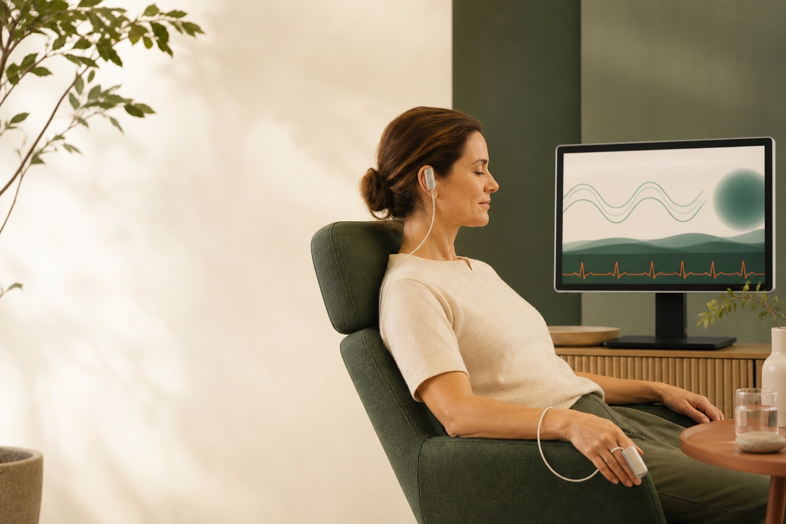Pessoa em treinamento de biofeedback com sensor no dedo e monitor de variabilidade cardíaca