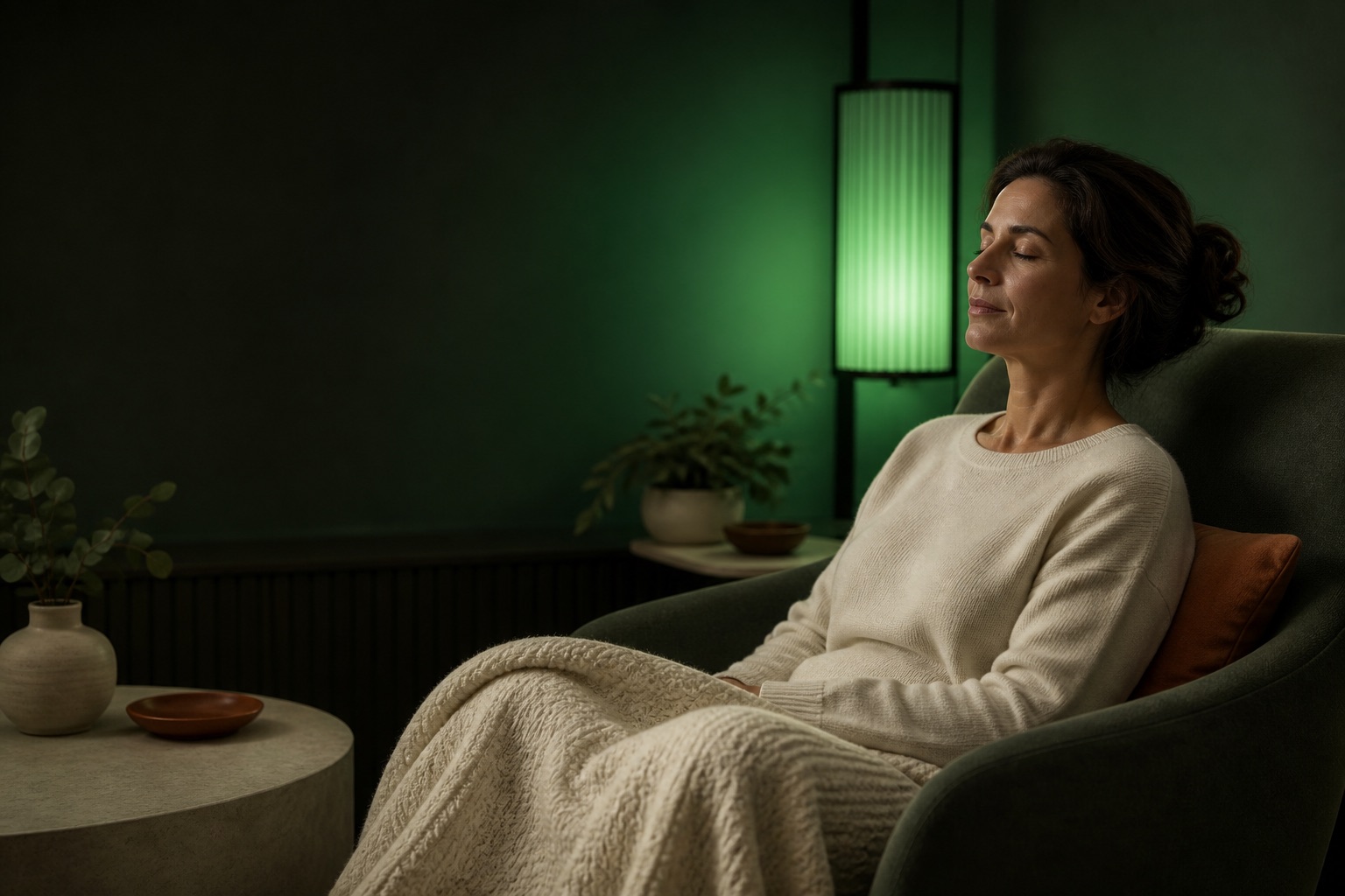 Pessoa em ambiente clínico com iluminação verde suave para modulação sensorial