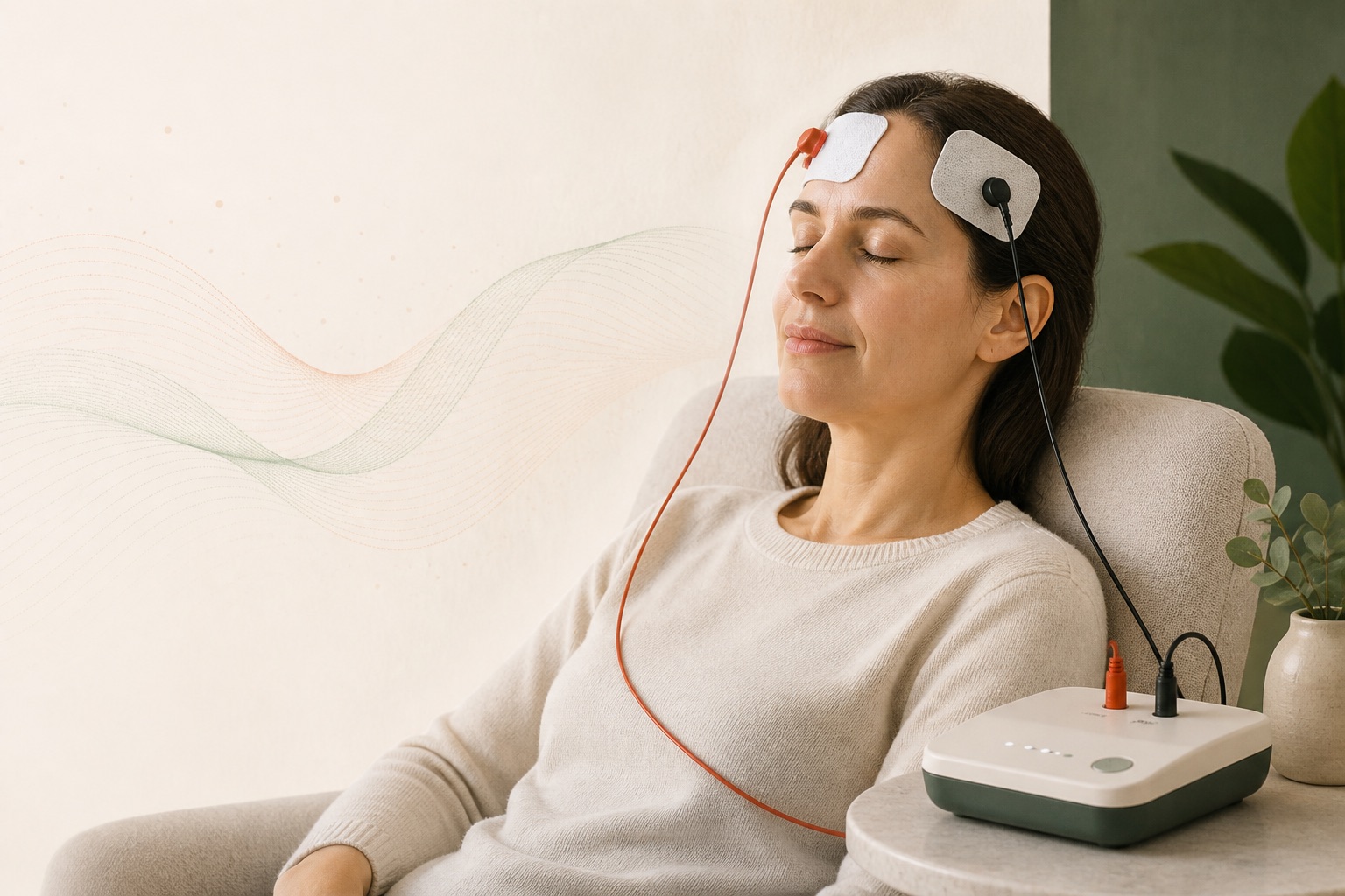 Pessoa em sessão de tDCS com eletrodos no couro cabeludo e aparelho de estimulação