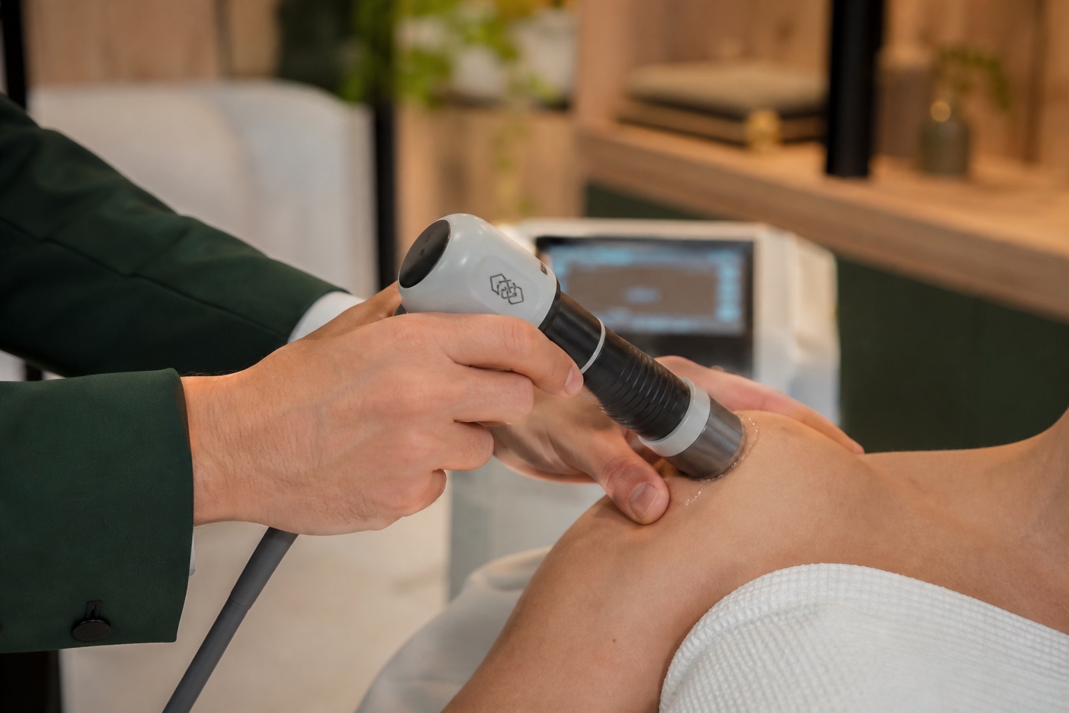 Aplicação de terapia por ondas de choque em região musculoesquelética
