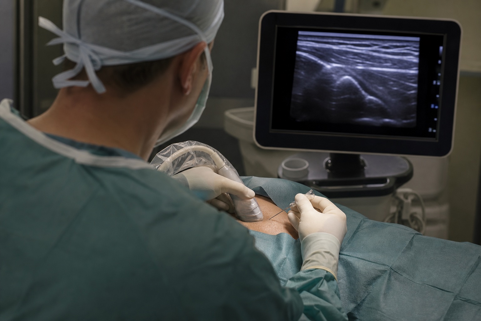 Dr. Rhamon realizando procedimento guiado por ultrassom